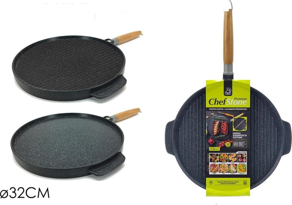 PADELLA PIASTRA BISTECCHIERA DOPPIA TONDA 2 IN 1 ANTIADERENTE IN ALLUMINIO LEGNO Ø32CM - 6