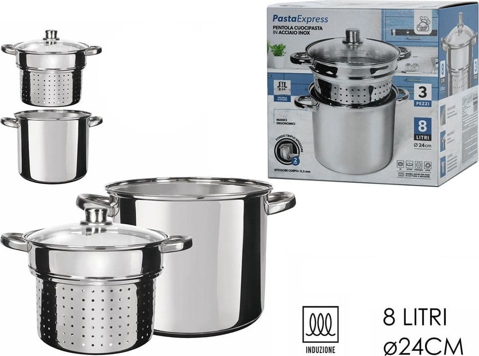 SET 3PZ PENTOLA CUOCIPASTA IN ACCIAIO SCOLA PASTA CON COPERCHIO MANICI Ø24CM 8LT INDUZIONE - 2