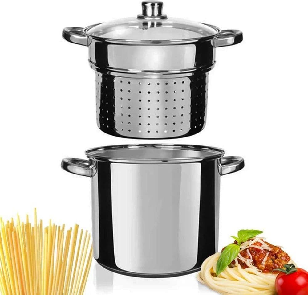 SET 3PZ PENTOLA CUOCIPASTA IN ACCIAIO SCOLA PASTA CON COPERCHIO MANICI Ø24CM 8LT INDUZIONE - 5