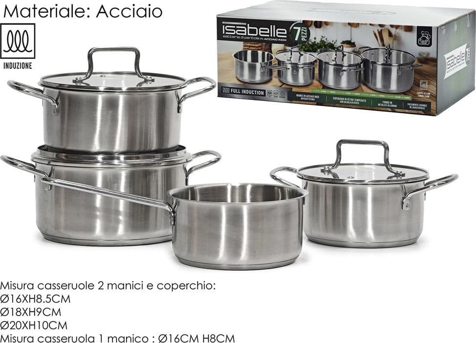 SET BATTERIA DI PADELLE 7PZ IN ACCIAIO INOX CON FONDO FULL INDUCTION COPERCHI IN VETRO - 2