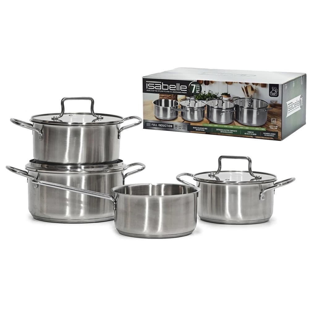 SET BATTERIA DI PADELLE 7PZ IN ACCIAIO INOX CON FONDO FULL INDUCTION COPERCHI IN VETRO - 3
