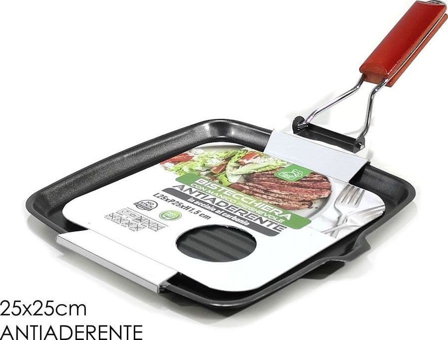 BISTECCHIERA ANTIADERENTE IN ACCIAIO AL CARBONIO CON MANICO PIEGHEVOLE 25X25 CM CUCINA - 2