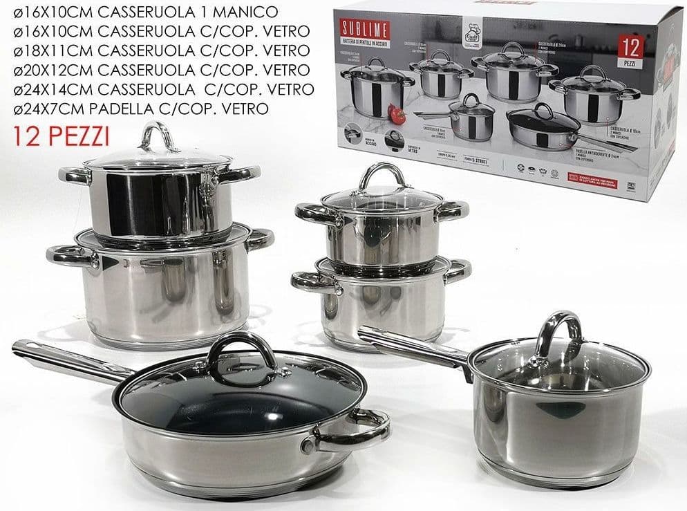 BATTERIA DI PENTOLE 12PZ IN ACCIAIO CON COPERCHI IN VETRO CON VALVOLA SFIATO FONDO 5 STRATI - 2