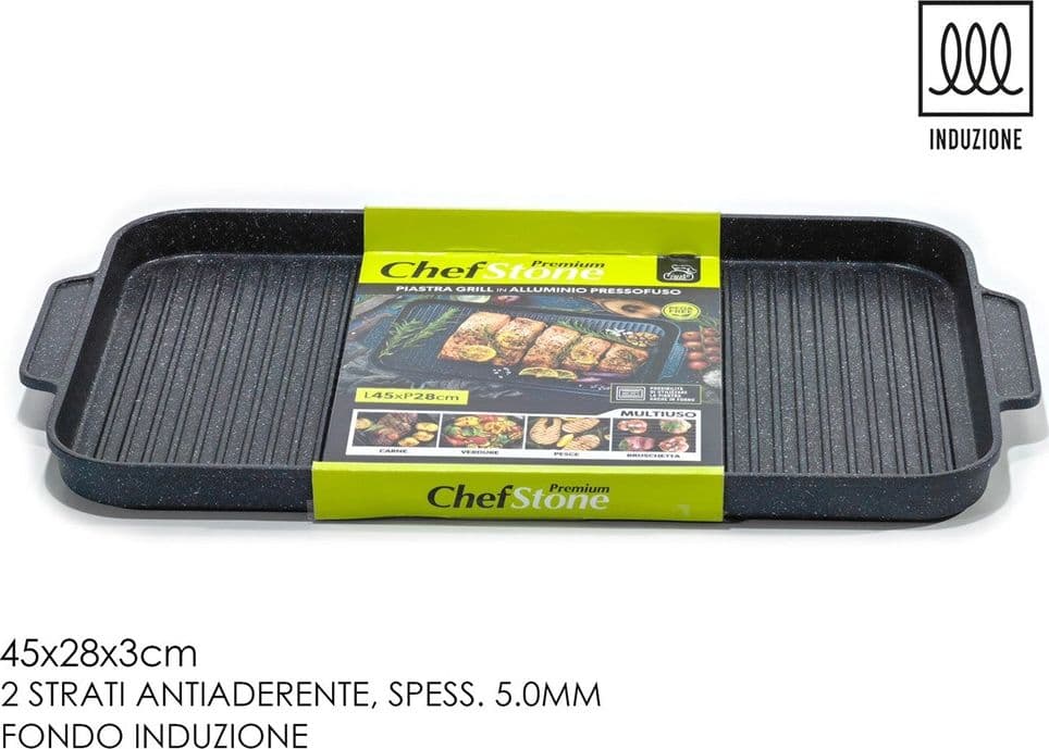 PIASTRA GRILL CON 2 MANICI FONDO INDUZIONE RIVESTIMENTO ANTIADERENTE EFFETTO PIETRA 45X28CM - 3