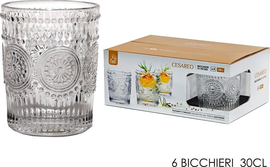 SET 6PZ BICCHIERI IN VETRO TAVOLA RAFFINATA DA 30 CL PER ACQUA CON DECORAZIONI IN RILIEVO - 2