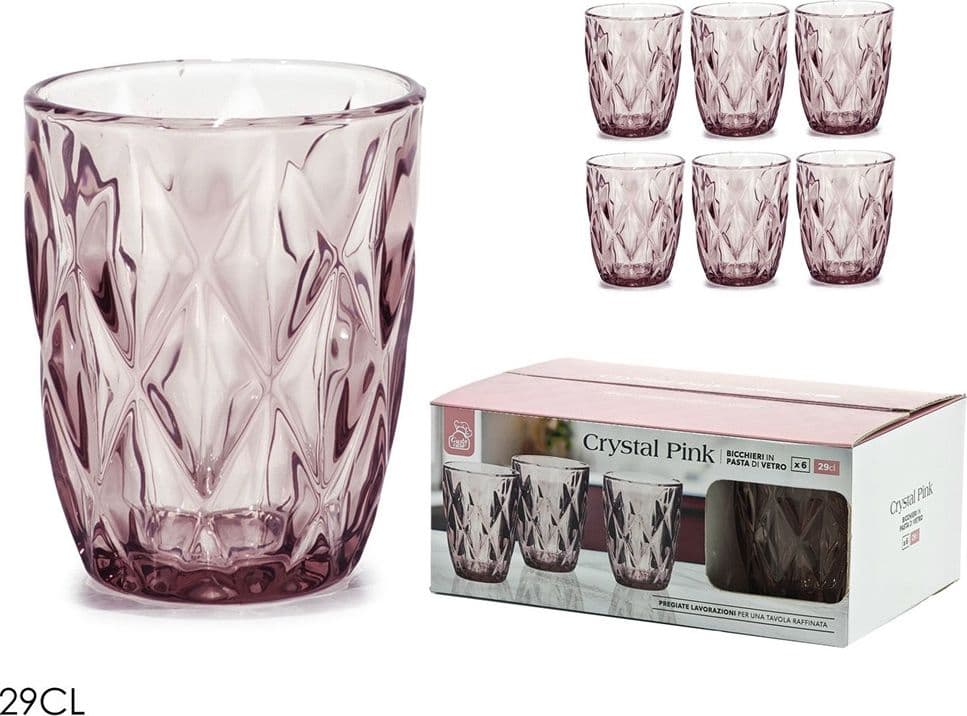 SET DI 6 BICCHIERI IN VETRO CRYSTAL PINK 29 CL DA ACQUA MOTIVO SFACCETTATO A DIAMANTE - 2