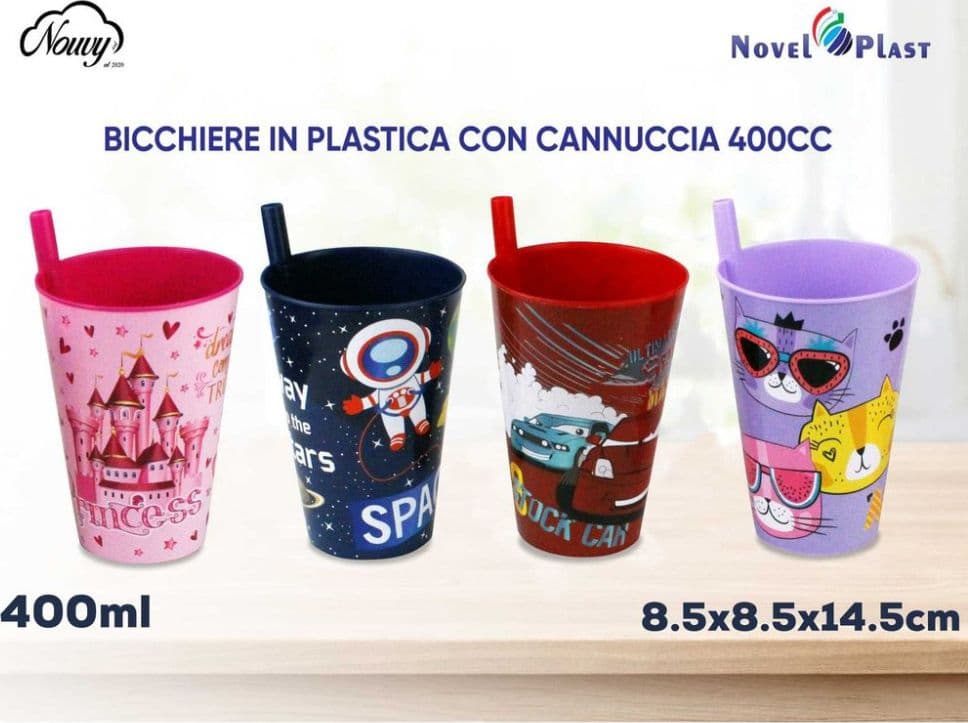 Bicchiere bambini in plastica 400ml con cannuccia – tazza colorata riutilizzabile per casa e scuola - 2