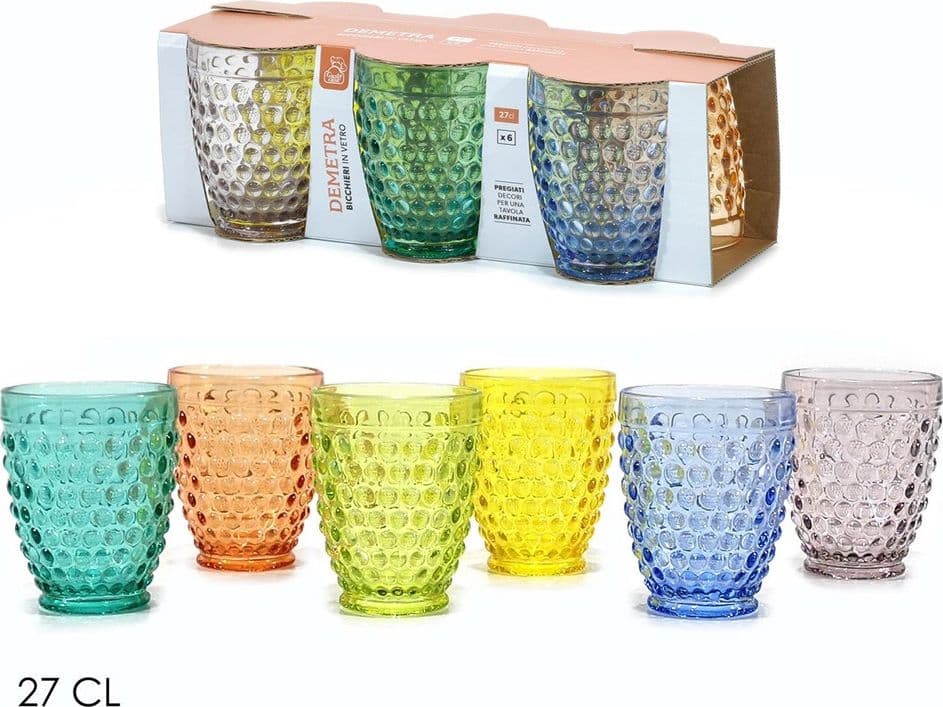 SET 6PZ BICCHIERI IN VETRO MULTICOLORE PER TAVOLA CUCINA CON MOTIVO A BOLLE IN RILIEVO - 6