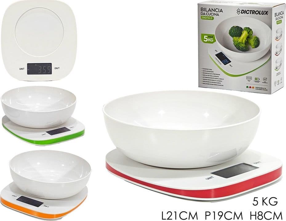 BILANCIA DA CUCINA DIGITALE PORTATA 5KG CON CIOTOLA RIMOVIBILE DISPLAY LCD RETROILLUMINATO - 5