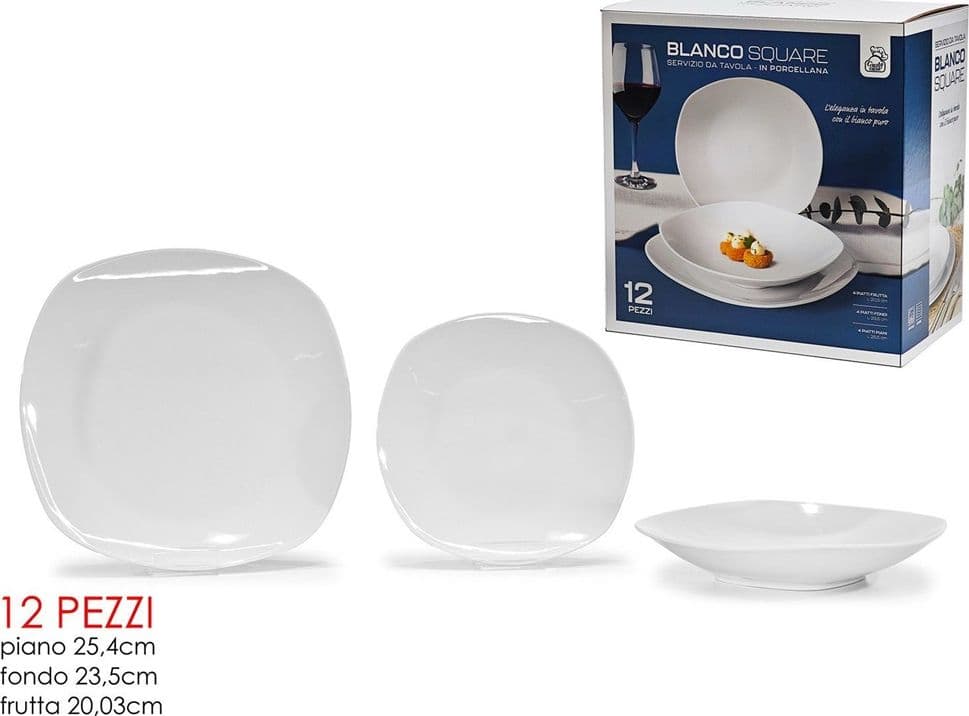 SERVIZIO DI PIATTI IN PORCELLANA BIANCO DA 12 PEZZI DA TAVOLA DESIGN MODERNO SQUADRATO - 2