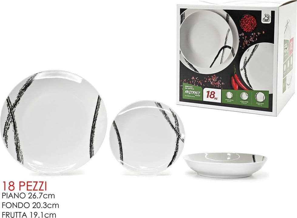 SERVIZIO DI PIATTI DA TAVOLA IN PORCELLANA 18PZ DESIGN LINEE GRAFICHE NERE STILE ASTRATTO - 2