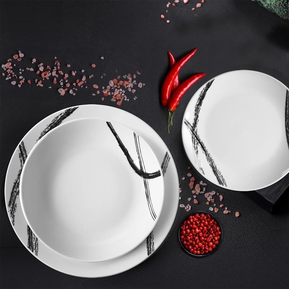 SERVIZIO DI PIATTI DA TAVOLA IN PORCELLANA 18PZ DESIGN LINEE GRAFICHE NERE STILE ASTRATTO - 3