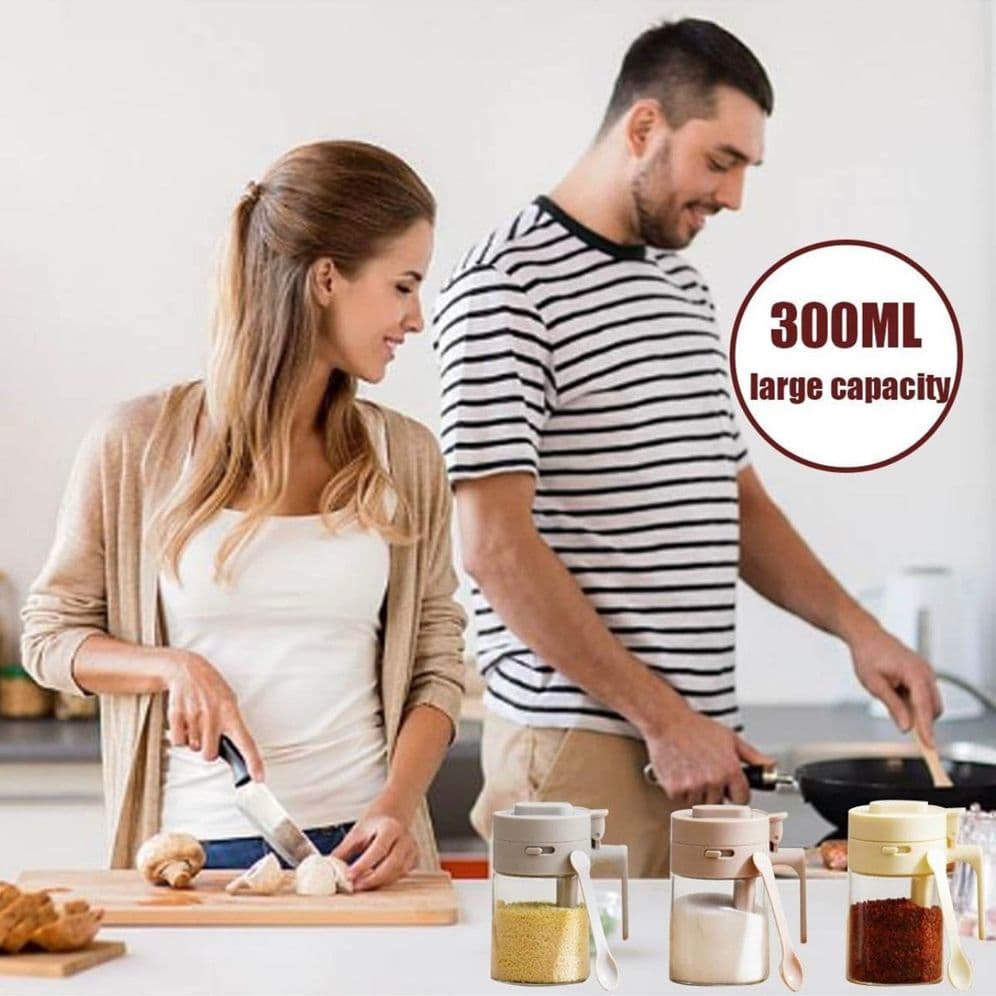 BARATTOLO PORTA SPEZIE MULTIFUNZIONALE 300ML CON CUCCHIAIO COPERCHIO ERMETICO PER CUCINA - 3