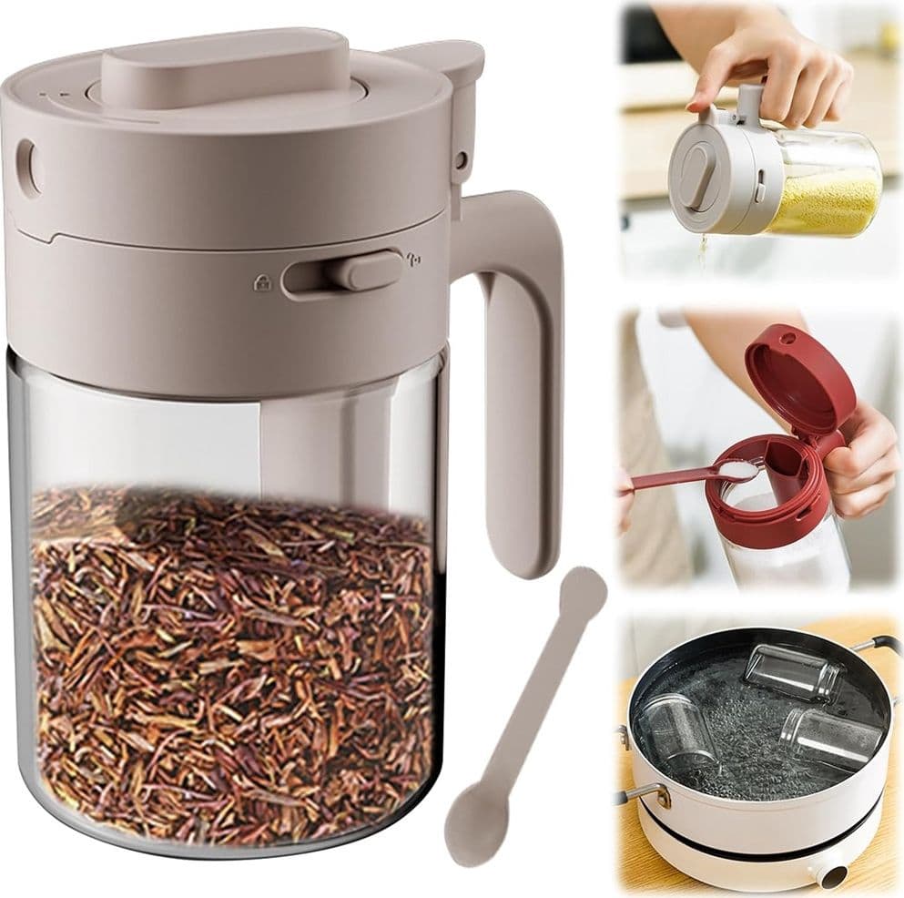 BARATTOLO PORTA SPEZIE MULTIFUNZIONALE 300ML CON CUCCHIAIO COPERCHIO ERMETICO PER CUCINA - 9