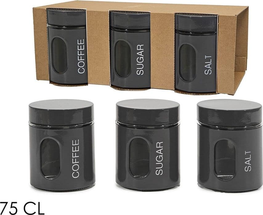 SET 3 BARATTOLI DA CUCINA IN VETRO ACCIAIO GRIGIO LUCIDO DA 75CL PER CAFFÈ ZUCCHERO SALE - 2