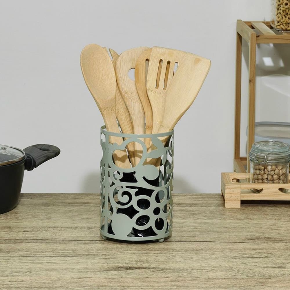 PORTAUTENSILI DA CUCINA IN METALLO VERDE SALVIA H16XØ11CM DESIGN TRAFORATO DECORATIVO