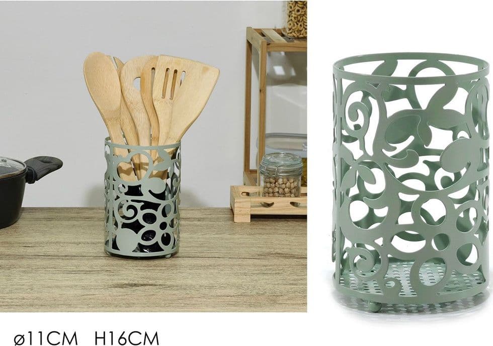 PORTAUTENSILI DA CUCINA IN METALLO VERDE SALVIA H16XØ11CM DESIGN TRAFORATO DECORATIVO - 3
