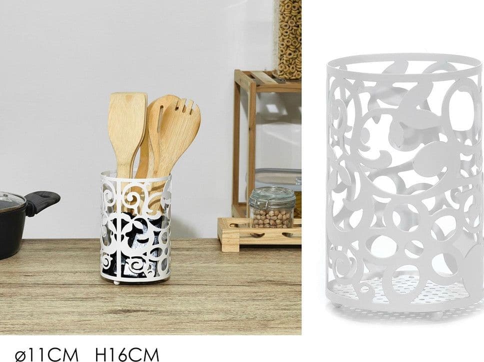 PORTAUTENSILI DA CUCINA IN METALLO BIANCO H16 X Ø11CM DESIGN TRAFORATO DECORATIVO - 2