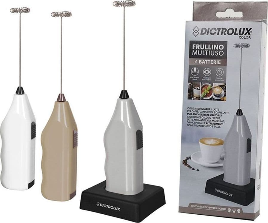 FRULLINO MULTIUSO A BATTERIE SCHIUMINO MONTA LATTE CAPPUCCINO CAFFE’ 3 COLORI CON BASE