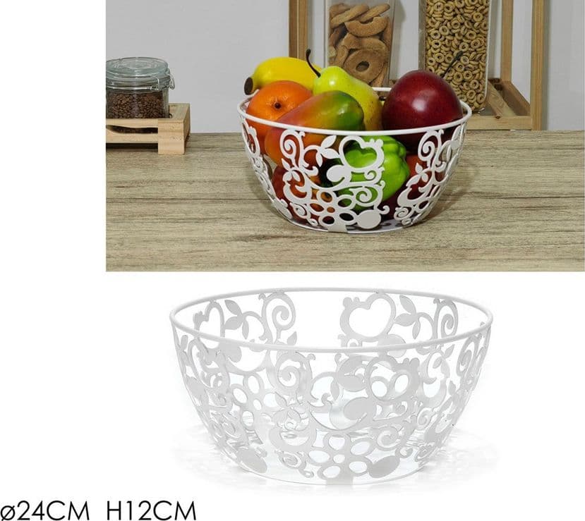 CENTROTAVOLA PORTAFRUTTA PANE IN METALLO BIANCO H12XØ24 CM DESIGN TRAFORATO DECORATIVO - 2