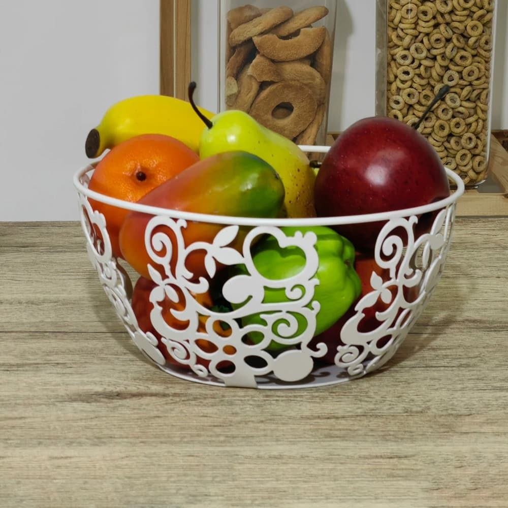 CENTROTAVOLA PORTAFRUTTA PANE IN METALLO BIANCO H12XØ24 CM DESIGN TRAFORATO DECORATIVO - 3