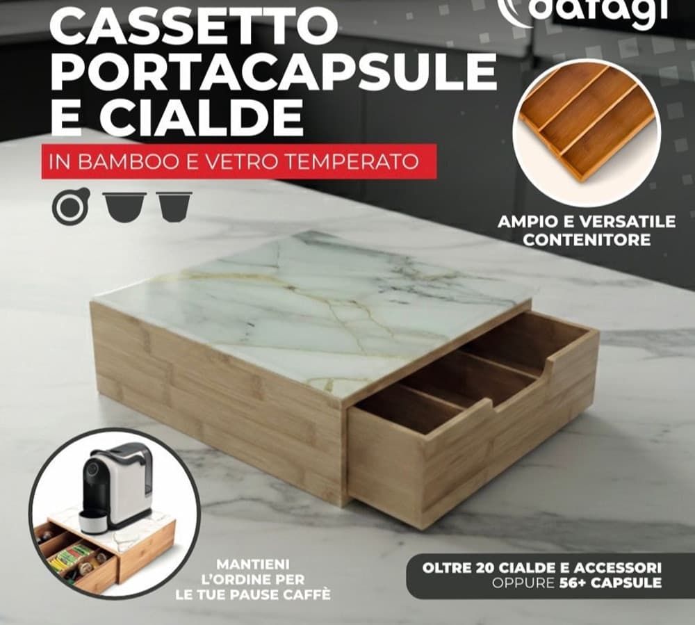CASSETTO CONTENITORE PORTACAPSULE CIALDE IN BAMBÙ RIPIANO IN VETRO TEMPERATO EFFETTO MARMO - 2