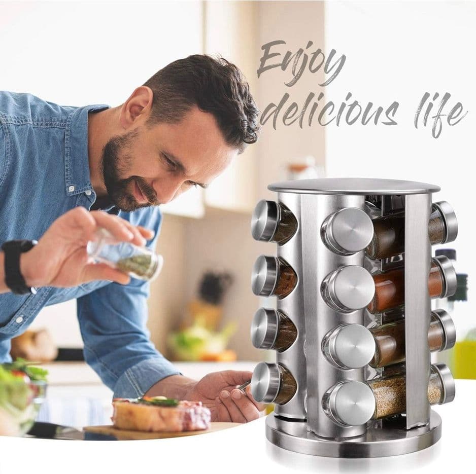 PORTA SPEZIE GIREVOLE A 360° IN ACCIAIO CON 16 BARATTOLI IN VETRO DESIGN COMPATTO MODERNO - 2