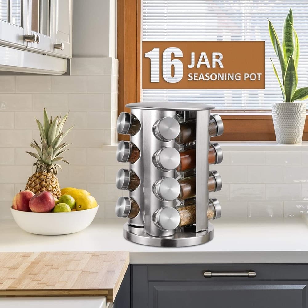 PORTA SPEZIE GIREVOLE A 360° IN ACCIAIO CON 16 BARATTOLI IN VETRO DESIGN COMPATTO MODERNO - 6