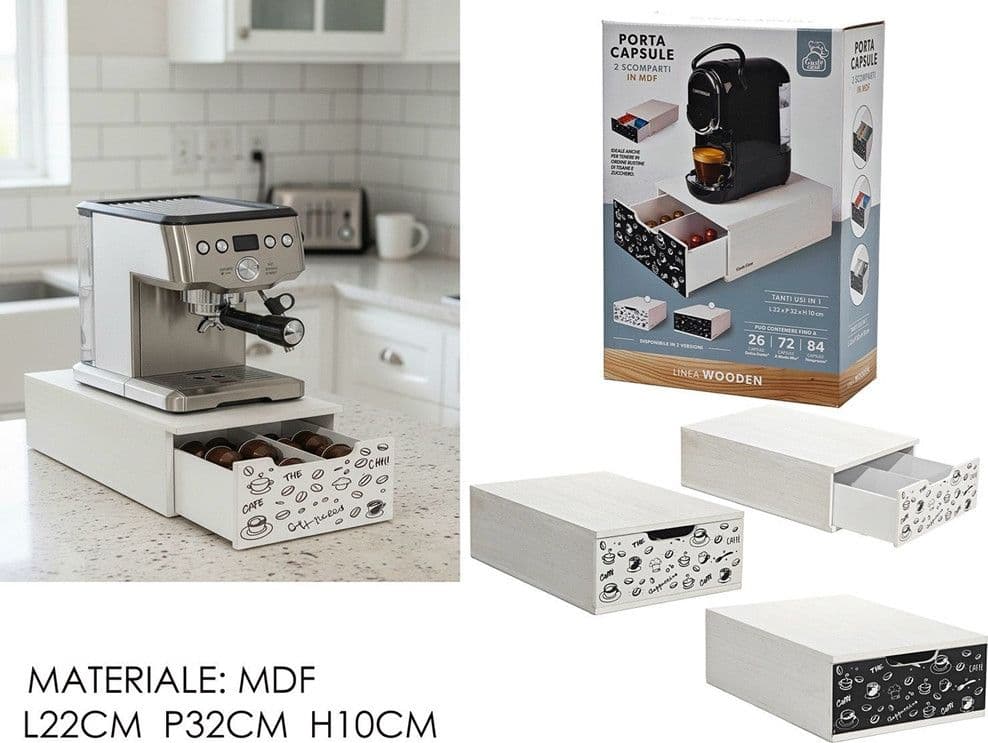 CASSETTO CONTENITORE PORTA CAPSULE CAFFÈ 2 SCOMPARTI IN MDF ORGANIZER 22X32X10CM 2 COLORI - 4