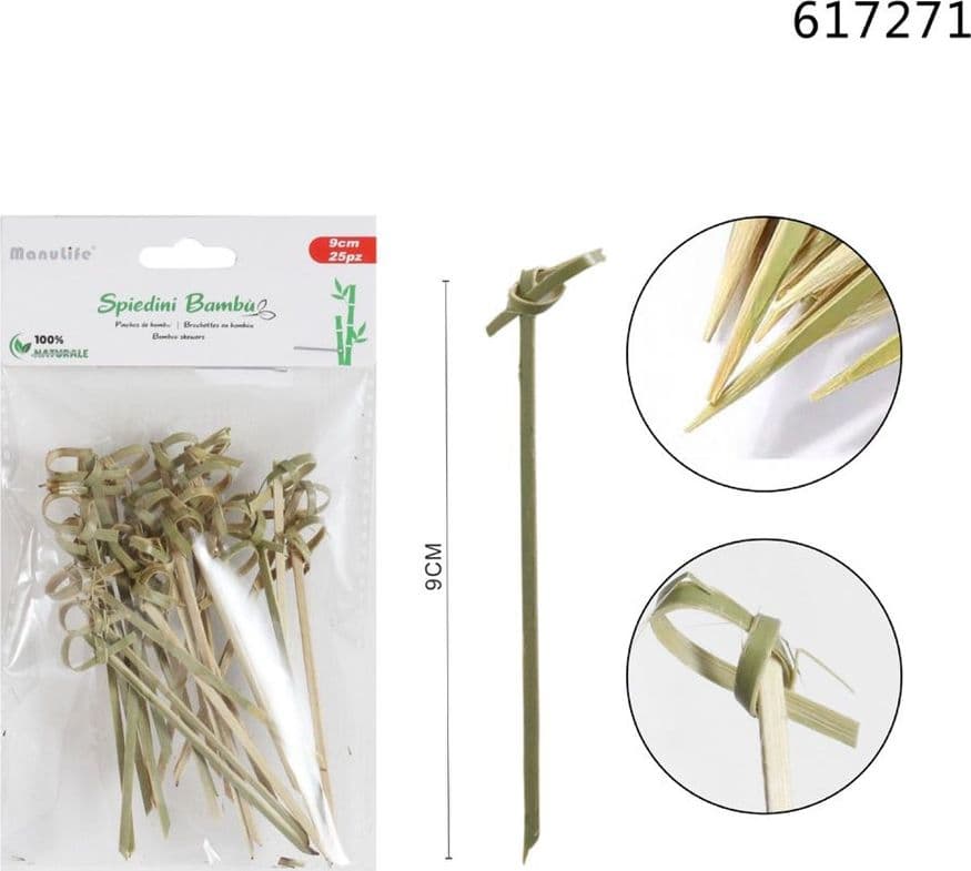 SET 3 PZ DA 25 SPIEDINI STUZZICADENTI IN BAMBÙ 9 CM CON NODO PER ANTIPASTI COCKTAIL 617271 - 2