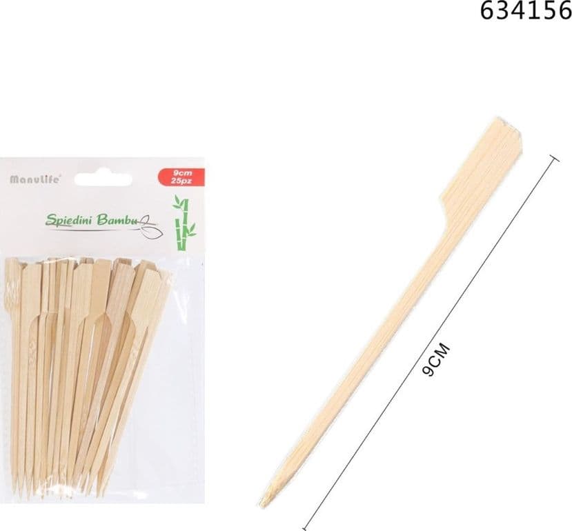 SET 4PZ DA 25 SPIEDINI IN BAMBÙ 9CM STECCHINI MANICO PIATTO PER FESTE ANTIPASTI BBQ 634156 - 2