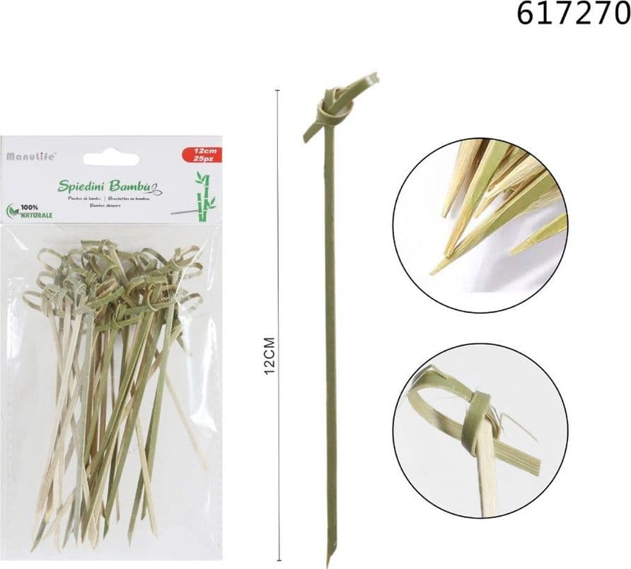 SET 3PZ DA 25 SPIEDINI STUZZICADENTI IN BAMBÙ 12CM CON NODO PER ANTIPASTI COCKTAIL 617270 - 2