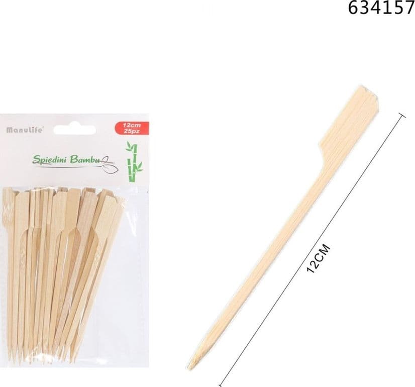 SET 3PZ DA 25 SPIEDINI IN BAMBÙ 12CM STECCHINI MANICO PIATTO PER FESTE ANTIPASTI BBQ 634157 - 2