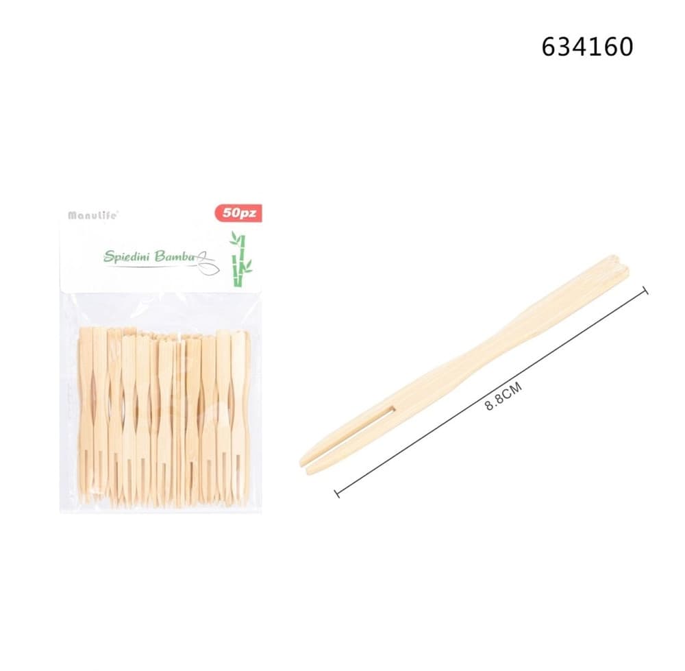 SET 4PZ DA 50 SPIEDINI A DUE PUNTE IN BAMBÙ 8.8CM MINI FORCHETTE COCKTAIL ANTIPASTI 634160 - 2