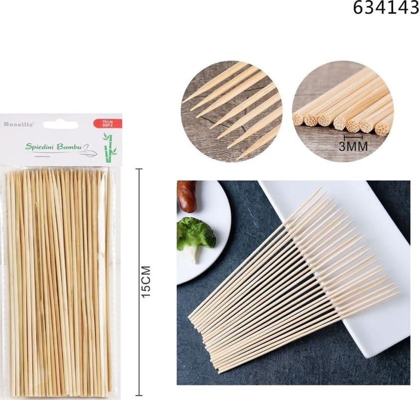 SET 4PZ DA 90 SPIEDINI IN BAMBÙ BASTONCINI 15CM STUZZICADENTI LUNGHI PER BARBECUE 634143 - 2
