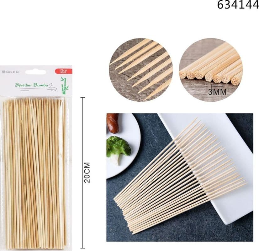 SET 4PZ DA 90 SPIEDINI IN BAMBÙ BASTONCINI 20 CM STUZZICADENTI LUNGHI PER BARBECUE 634144 - 2