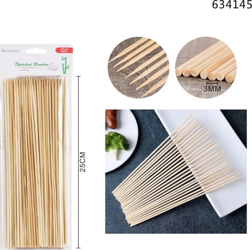 SET 4 PZ DA 90 SPIEDINI IN BAMBÙ BASTONCINI 25CM STUZZICADENTI LUNGHI PER BARBECUE 634145 - 2