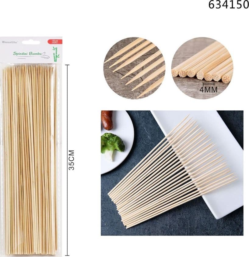 SET 4PZ DA 45 SPIEDINI IN BAMBÙ BASTONCINI 4MMX35CM STUZZICADENTI LUNGHI BARBECUE 634150 - 2
