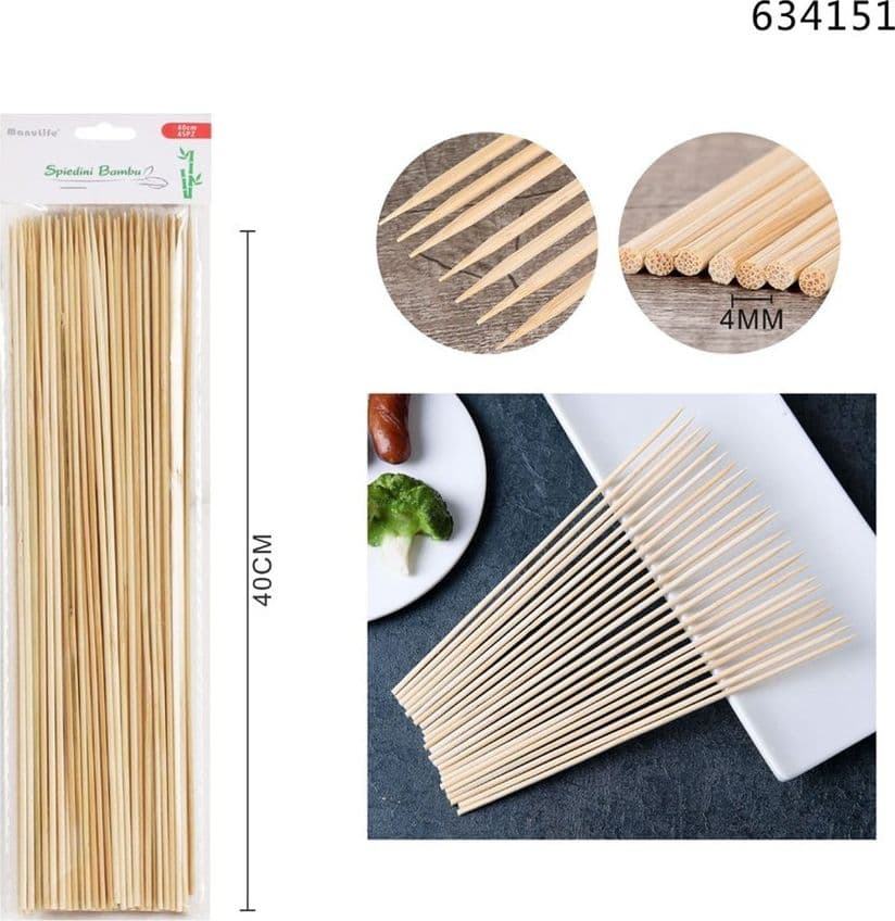 SET 4 PZ DA 45 SPIEDINI IN BAMBÙ BASTONCINI 4MMX40CM STUZZICADENTI LUNGHI BARBECUE 634151 - 2