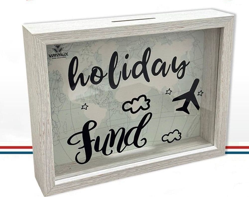 SALVADANAIO BOX CORNICE SFONDO CON MAPPAMONDO SCRITTA IN LEGNO PLASTICA 22 X 17 X 5 CM - 2