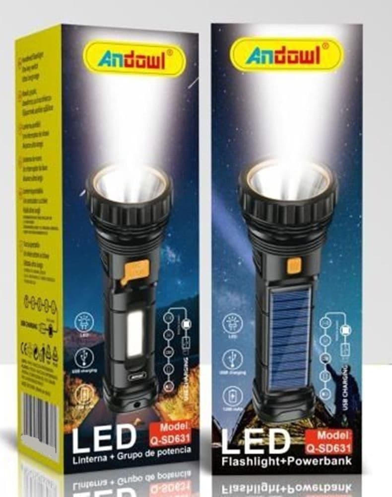 TORCIA LED RICARICABILE USB CON PANNELLO SOLARE POWERBANK 1200MAH PER CAMPEGGIO Q-SD631 - 2