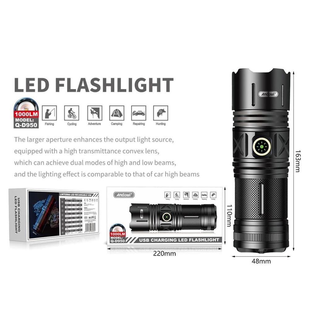 TORCIA LED RICARICABILE USB Q-D950 IPX6 CON LUMINOSITÀ MASSIMA 1000 LM PER CAMPEGGIO PESCA - 2