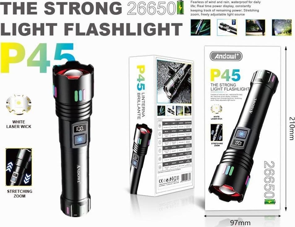 TORCIA LED RICARICABILE PORTATILE POTENTE LUCE LASER BIANCA IMPERMEABILE ZOOM TELESCOPICO P45 - 2