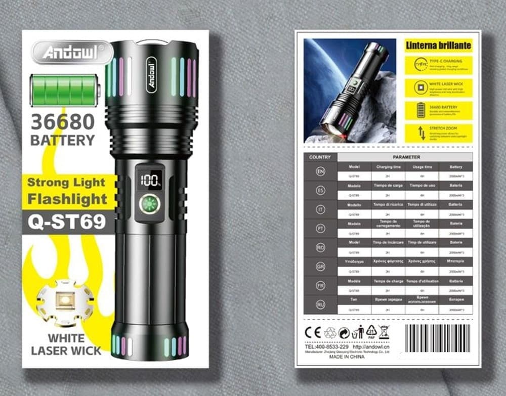 TORCIA ELETTRICA LED RICARICABILE PORTATILE POTENTE CON STOPPINO LASER BIANCO Q-ST69 - 4