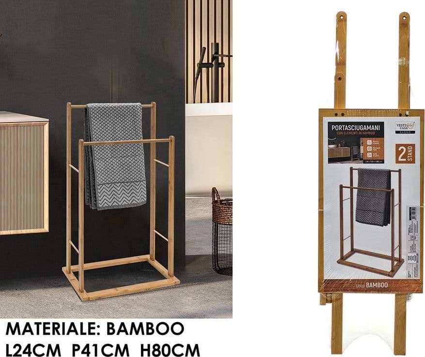 PORTASCIUGAMANI DA TERRA IN BAMBOO STAND 2 POSTI PER ACCAPPATOI TELI BAGNO SALVASPAZIO - 2