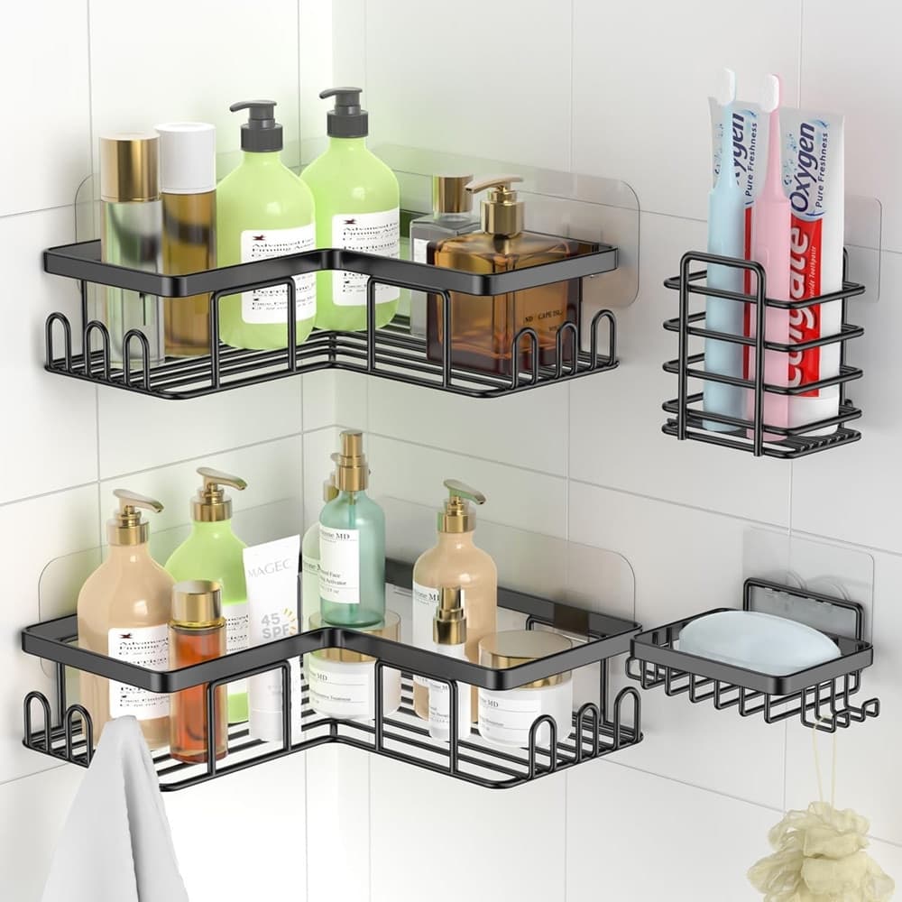 SET 4PZ MENSOLE PORTAOGGETTI ANGOLARI PORTASAPONE IN ACCIAIO AUTOADESIVO PER BAGNO DOCCIA - 5