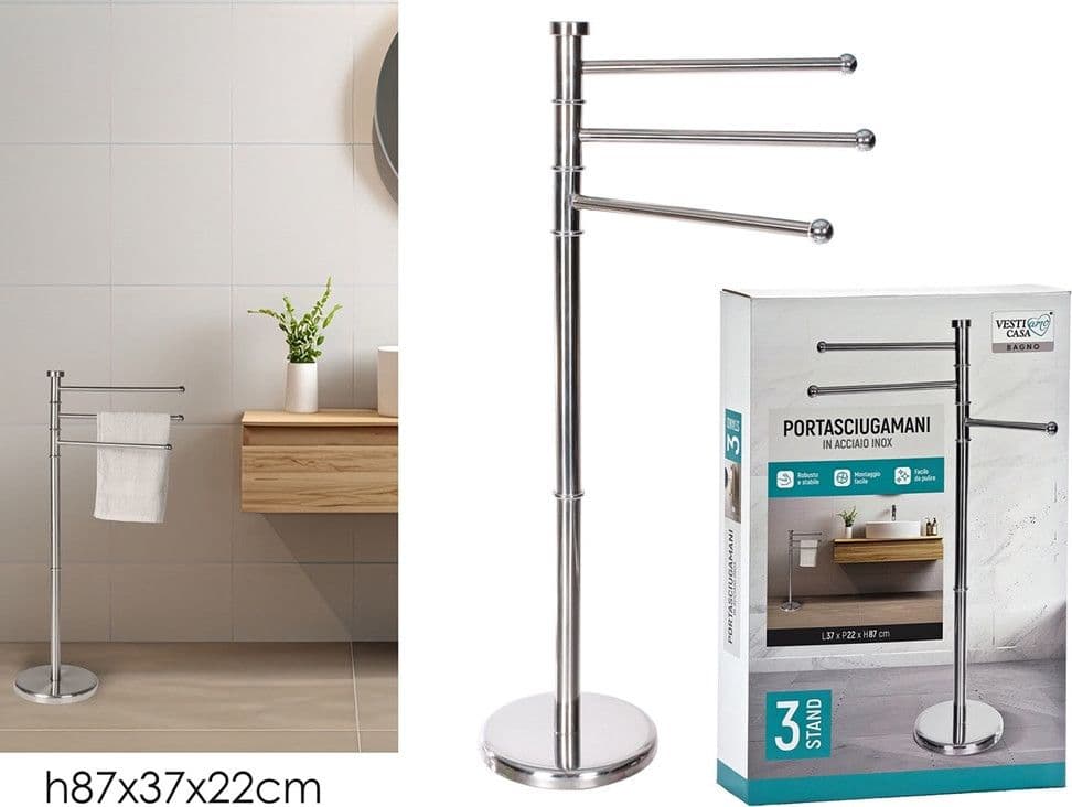 PIANTANA PORTASCIUGAMANI A 3 POSTI BRACCI ROTANTI H87CM IN ACCIAIO INOX SATINATO BAGNO - 5