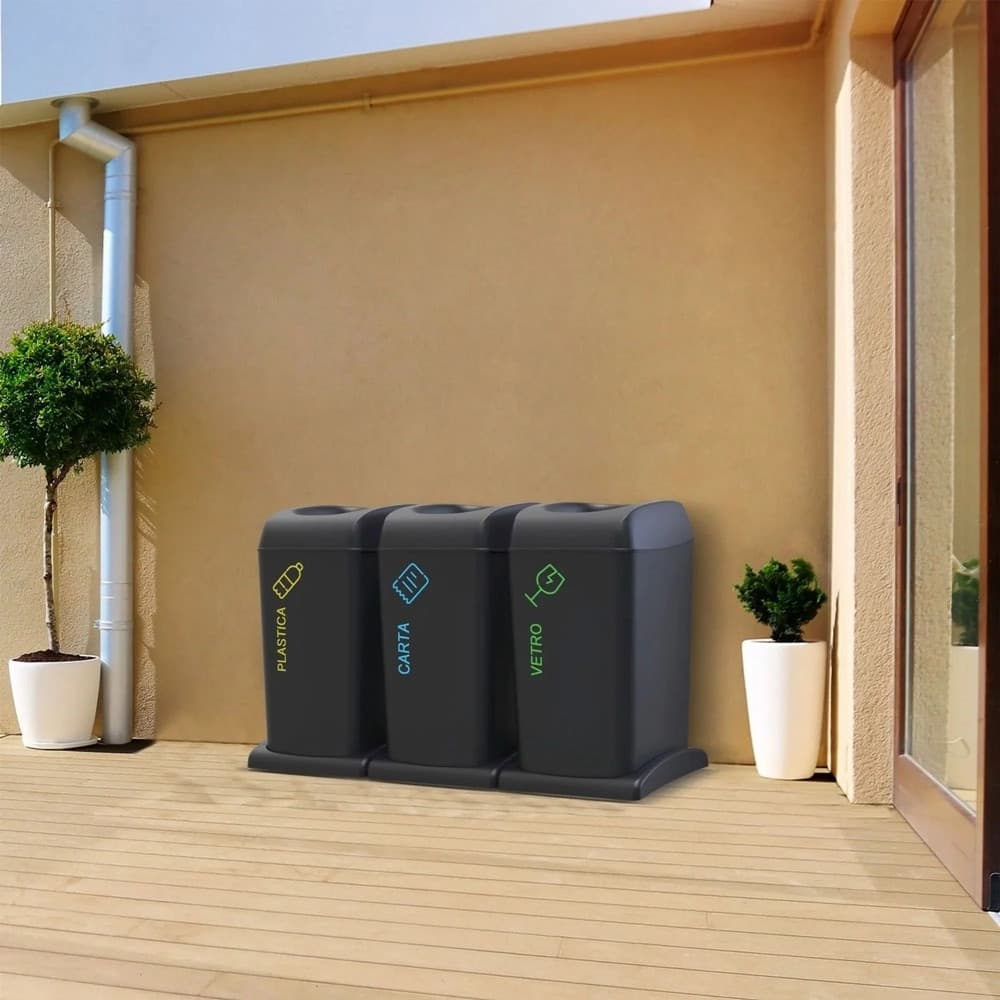 SET 3 PATTUMIERE BIDONI DIFFERENZIATA 40LT CON RUOTE 3 SCOMPARTI INTERNO ESTERNO SALVASPAZIO - 3