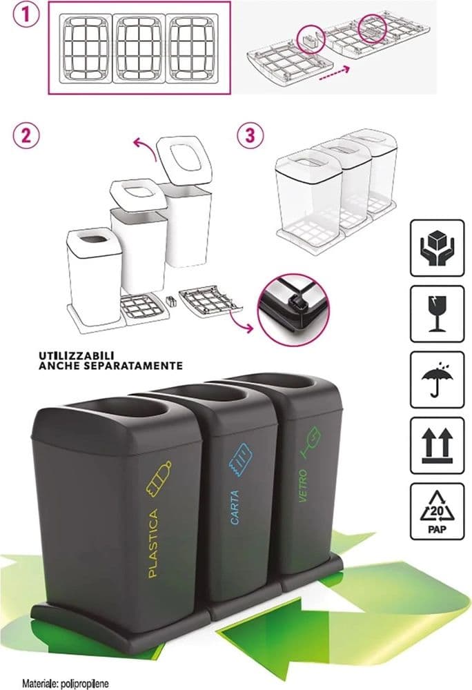 SET 3 PATTUMIERE BIDONI DIFFERENZIATA 40LT CON RUOTE 3 SCOMPARTI INTERNO ESTERNO SALVASPAZIO - 5