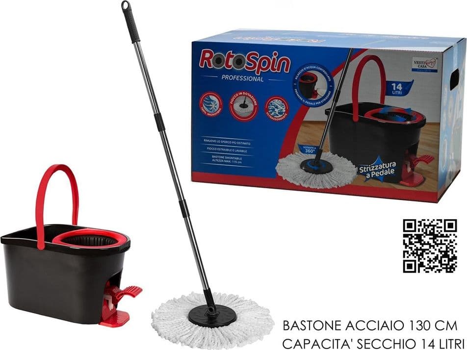 MOCIO PROFESSIONALE CON SECCHIO 14LT STRIZZATURA ROTANTE 360° A PEDALE MANICO TELESCOPICO - 2